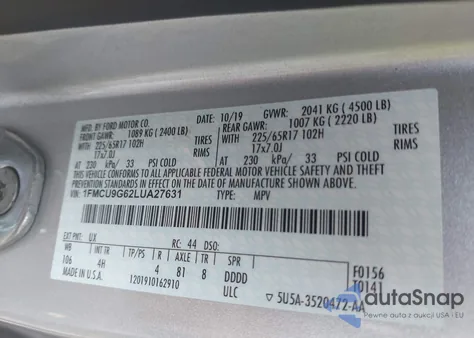 2020 Ford Escape Se z USA, uszkodzony, nr VIN 1FMCU9G62LUA27631